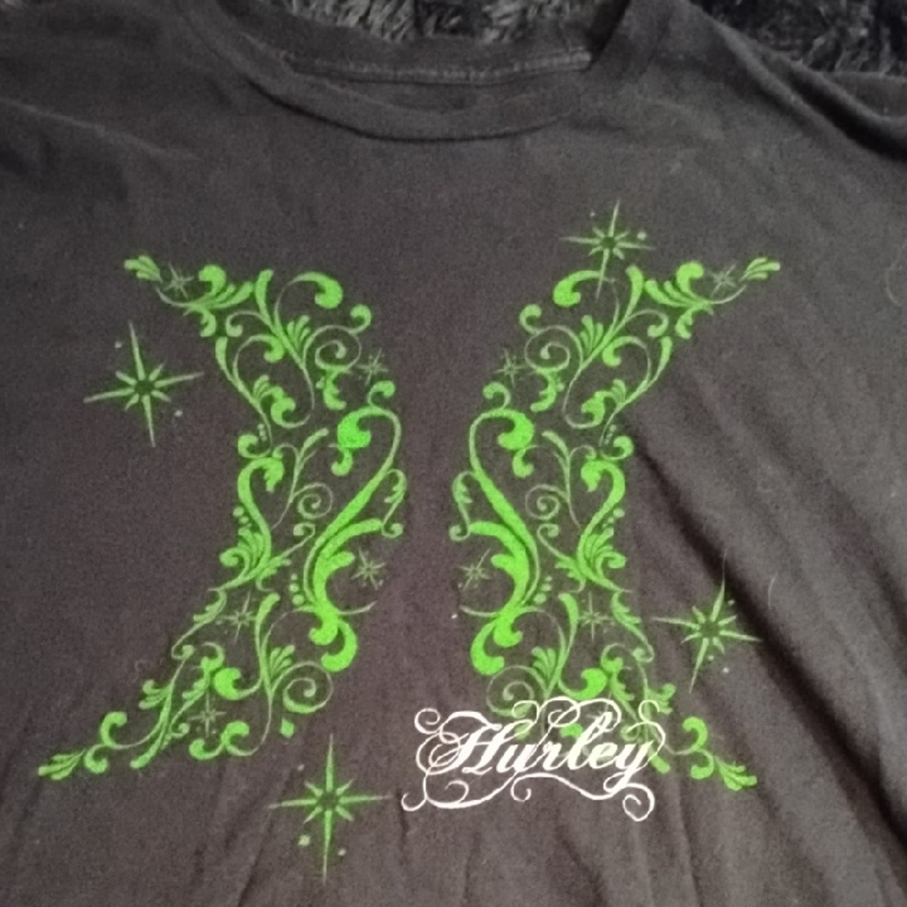 Hurley Black Tee with Neon Green Pattern